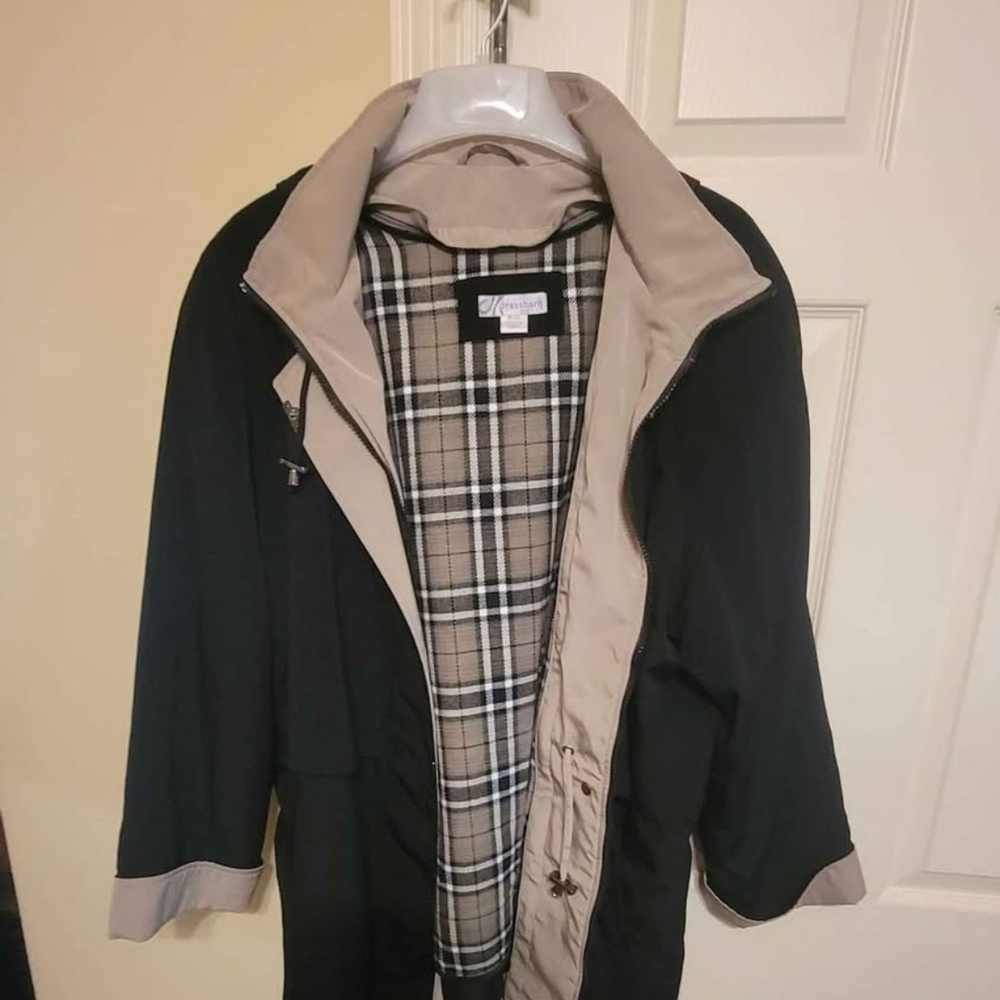 dressbarn Classic Black Trench Coat with Tan Accents
